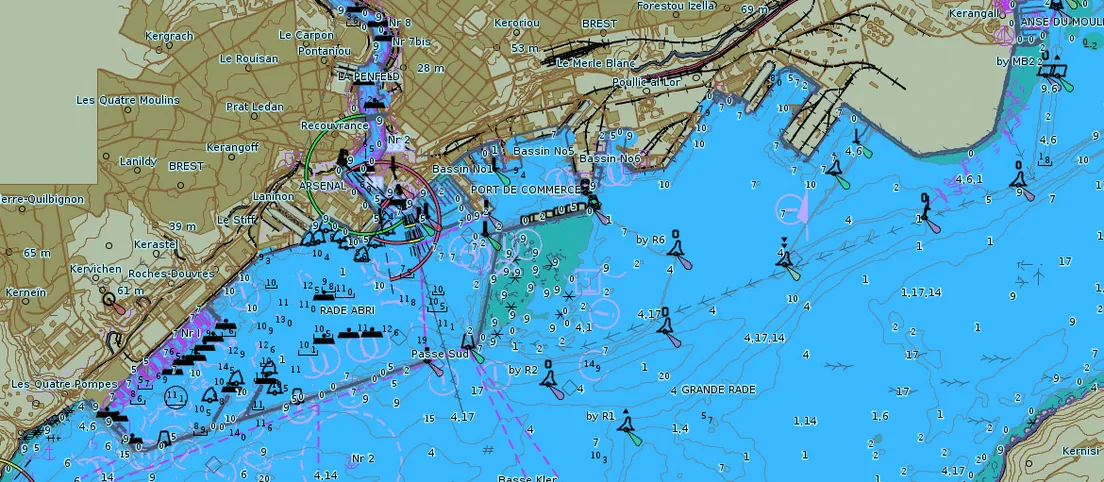 Carte électronique de navigation au standard S-52 : approches portuaires de Brest, bouées, chenaux et sondes