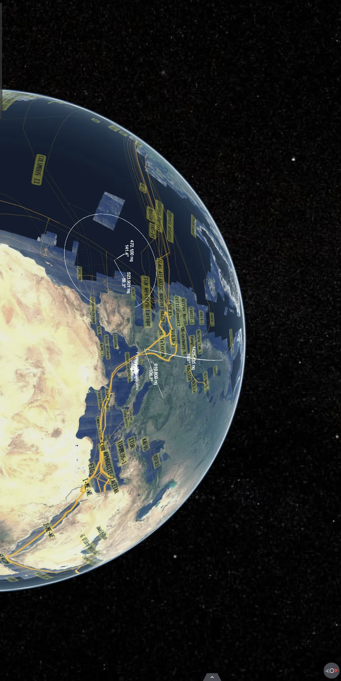 Globe terrestre en 3D vu depuis l'espace, parcouru de trajectoires annotées et de cercles de portée