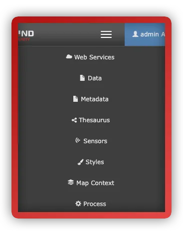 The Examind Community menu on a tablet: Web Services, Data, Metadata, Thesaurus, Sensors, Styles, Map Context, Process