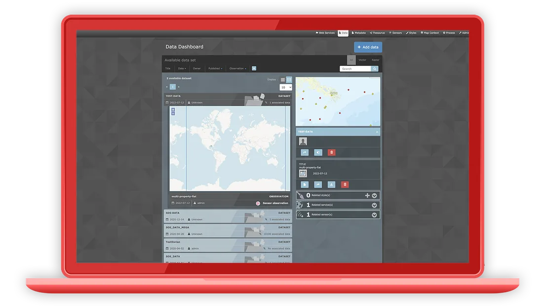 The Examind Community dashboard on a laptop: dataset list, world map and preview panel