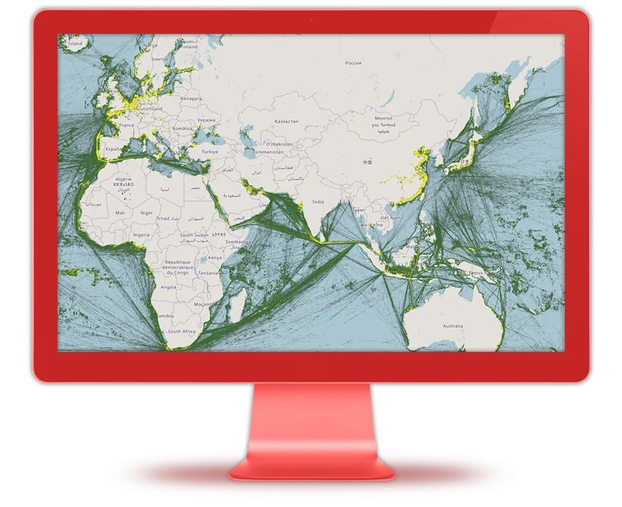 World map of maritime traffic density, shipping routes overlaid on the continents
