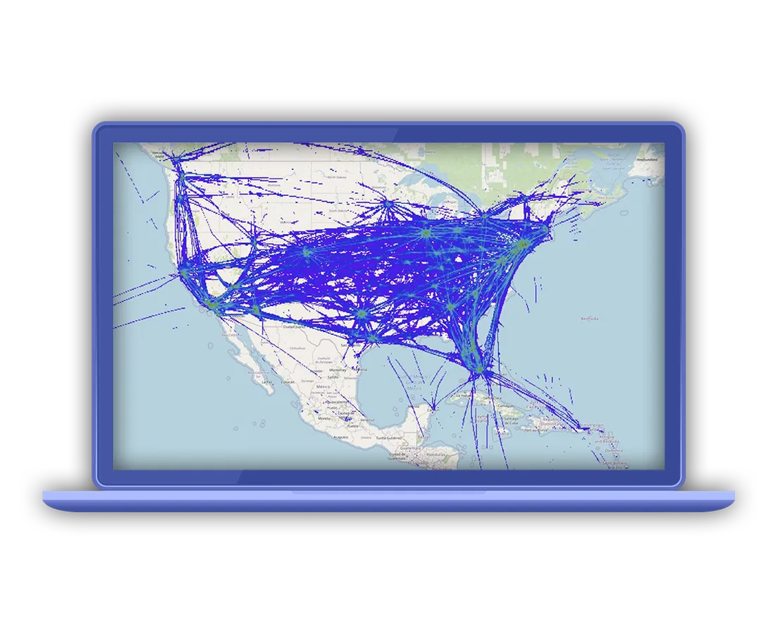 Réseau dense de trajectoires tracées au-dessus de l'Amérique du Nord et de l'Atlantique, rendu par Examind Datacube