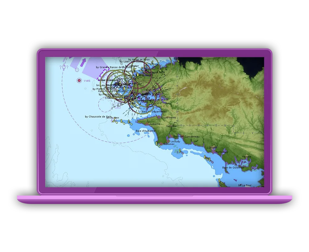 A nautical chart and terrain around the Brest roadstead, with range circles, rendered through Examind SDK