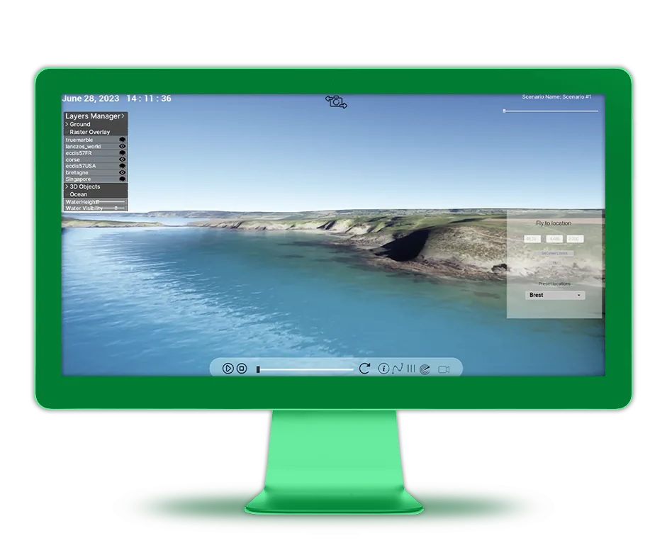 Scène 3D d'un littoral rendue par Examind Server, avec gestionnaire de couches et curseur temporel
