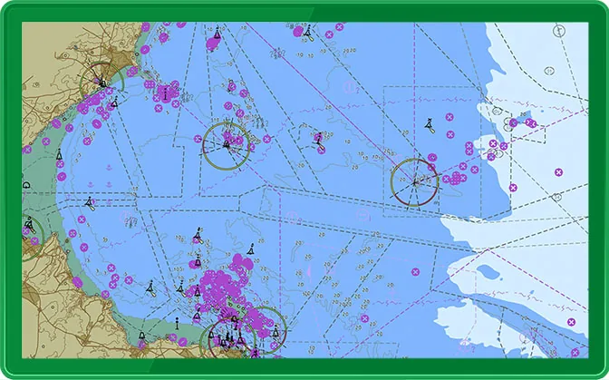 Carte électronique de navigation sur tablette : amers, bouées et sondes bathymétriques le long d'une côte