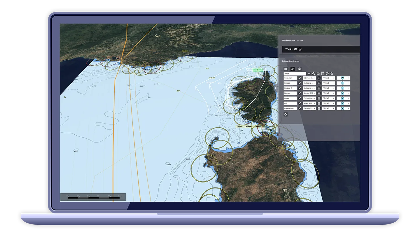 VigiEarth affichant une situation maritime au large de la Corse, avec zones de surveillance et panneau de contrôle